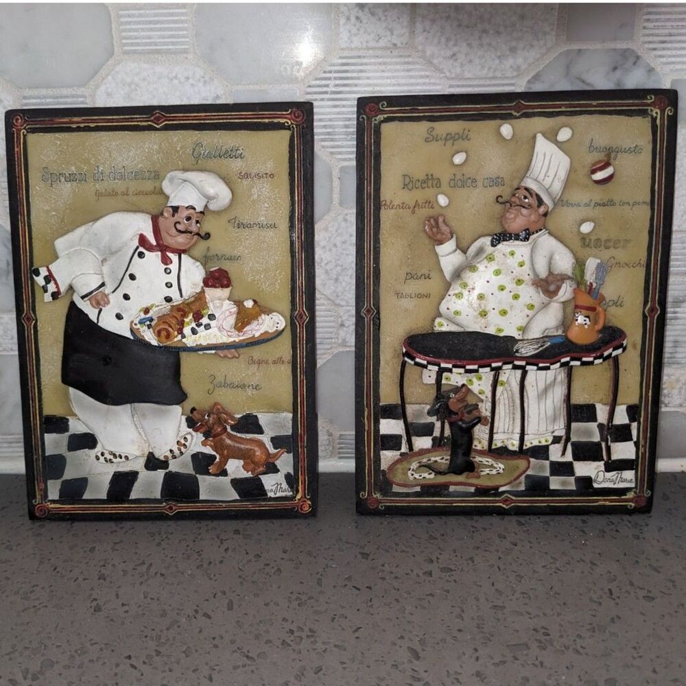Italian Chef Kitchen Plaques w Dachshund Art by Dona Gelsinger Set of 2